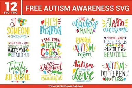 Autism Awareness SVG bundle preview showing twelve colorful quote designs with puzzle piece accents, autism mom sayings, different is beautiful messages, and supportive awareness typography for Cricut and Silhouette.