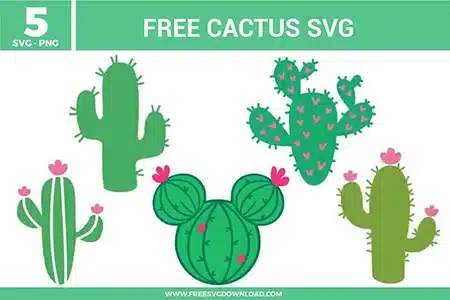 5 free svg files with cute cactus designs, including a saguaro silhouette, a prickly pear with hearts, and a "Mickey" shaped cactus with pink flowers, ideal for desert-themed decor.