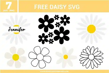 Daisy SVG bundle featuring daisy flower designs with simple shapes, line art outlines, monogram style name design, and classic floral elements for crafting projects