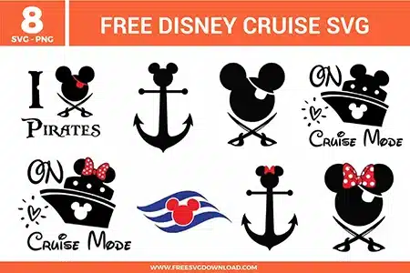 Free Disney Cruise SVG designs featuring Mickey mouse nautical silhouettes, cruise ship icons, anchors, pirate themed graphics, and cruise mode text elements