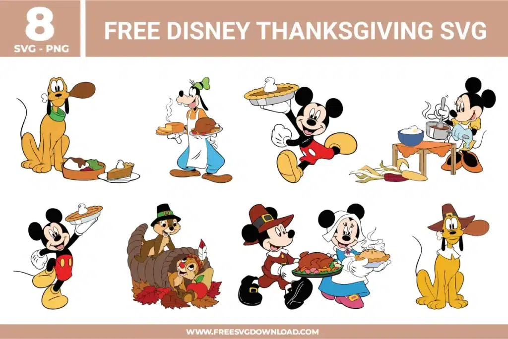 Free Disney Thanksgiving SVG designs showing Mickey Minnie Goofy and Pluto in Thanksgiving scenes with food pies turkeys and autumn themed holiday details.
