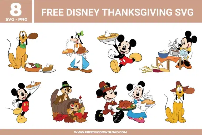 Free Disney Thanksgiving SVG designs showing Mickey Minnie Goofy and Pluto in Thanksgiving scenes with food pies turkeys and autumn themed holiday details.