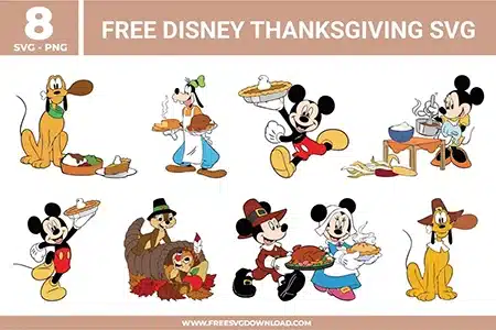 Free Disney Thanksgiving SVG designs showing Mickey Minnie Goofy and Pluto in Thanksgiving scenes with food pies turkeys and autumn themed holiday details.