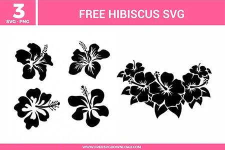 Hibiscus SVG bundle featuring tropical flower silhouettes, hibiscus floral designs, and island style botanical elements for crafting and cutting projects