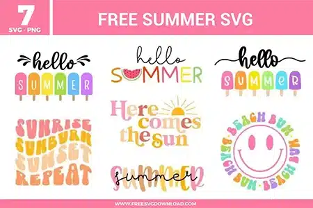 Retro Hello Summer SVG bundle featuring sun and smiley face graphics, provided as free svg files for vibrant seasonal apparel.