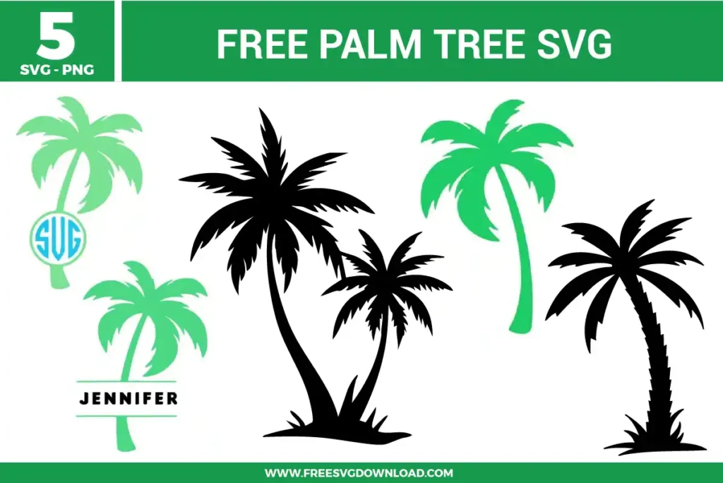 Five free svg files of tropical palm trees featuring green silhouettes with circle monograms, black silhouette palm trees, and a "Jennifer" name split-frame design perfect for summer beach-themed DIY projects.
