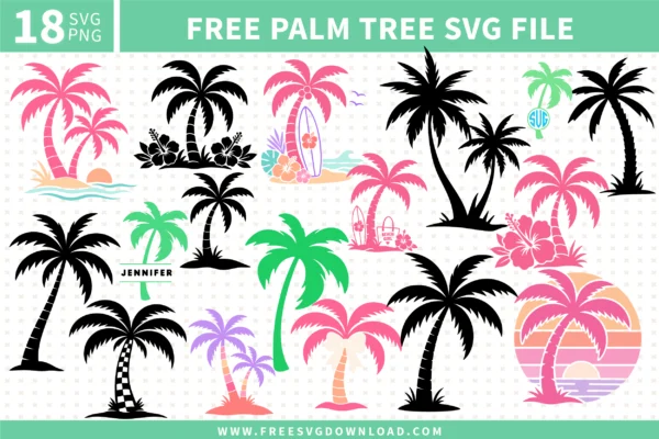 18 free palm tree SVG and PNG files including pink tropical palm silhouettes, black palm tree silhouettes, retro sunset designs, beach scenes with surfboards and hibiscus flowers, checkered trunk palms, disco ball palm, beach girl tote bag design, twin palm trees, and colorful pastel variations, all compatible with Cricut Design Space and Silhouette Studio.