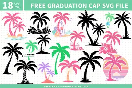 18 free palm tree SVG and PNG files including pink tropical silhouettes, black palm tree designs, retro sunsets, beach scenes, disco ball palm, beach girl, and colorful pastel variations for Cricut and Silhouette projects.
