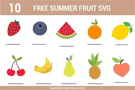 A collection of ten vibrant fruits from the Summer Fruit SVG bundle, provided as free svg files for seasonal DIY projects.