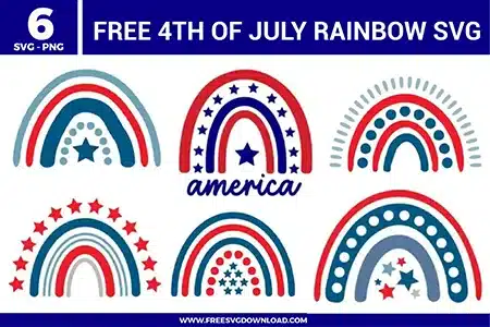 Six free svg files featuring patriotic boho rainbows for the 4th of July, showcasing red, white, and blue arches decorated with stars, polka dots, and "america" script in a clean, modern vector style for Cricut and Silhouette.