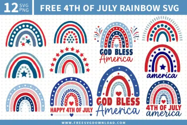 Eleven free 4th of July rainbow SVG files including God Bless America, Happy 4th of July, and patriotic boho rainbow designs in red, white, and blue for Cricut and Silhouette.