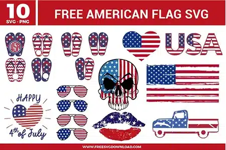 10 free svg files showcasing patriotic American flag graphics including a flag-patterned skull, a vintage pickup truck, aviator sunglasses, and flip-flops in a distressed red, white, and blue style perfect for 4th of July DIY crafts.