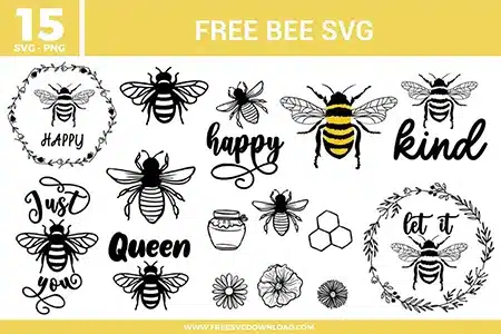 A bundle of 15 free svg files for honey bee designs featuring various bumblebee illustrations, honeycomb patterns, and floral wreaths. The collection includes detailed sketches of bees, a honey jar, and flowers, alongside inspirational quotes like "Bee Happy," "Bee Kind," "Queen Bee," and "Just Bee You." These designs use a classic black, white, and yellow color palette with elegant script fonts and delicate line art for high-quality free svg files.