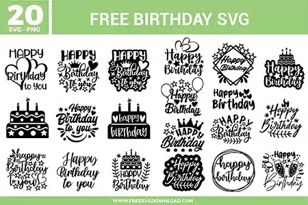 A bundle of 20 free svg files featuring various "Happy Birthday" quotes paired with festive illustrations. The designs are rendered in a clean black and white style, showcasing multi-tiered cakes with candles, shooting stars, balloons, and champagne glasses. These high-quality free svg files are perfect for creating custom birthday t-shirts, personalized invitations, and DIY party decorations.