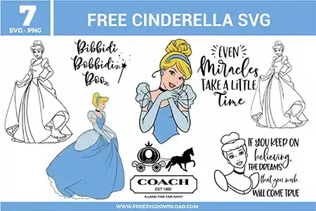 Free Cinderella SVG designs showing Cinderella in elegant ball gown poses with fairy tale quotes, carriage elements, and classic princess outlines.