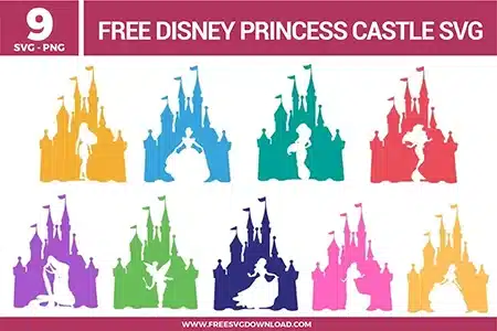 Free Disney Princess castle SVG designs showing colorful castle silhouettes with princess figures in elegant poses