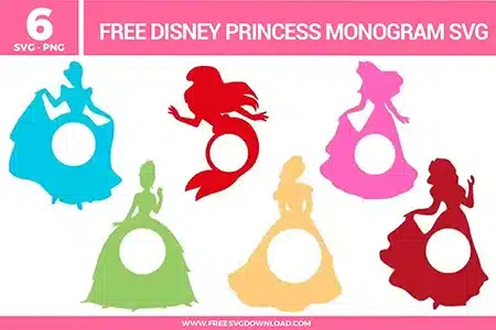 Free Disney Princess monogram SVG designs showing colorful princess silhouette frames with circular center cutouts