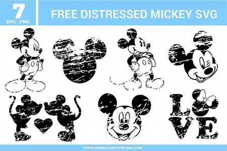 Distressed Mickey Mouse SVG designs showing vintage-style Mickey silhouettes, heads, and text elements with worn, grunge texture effects