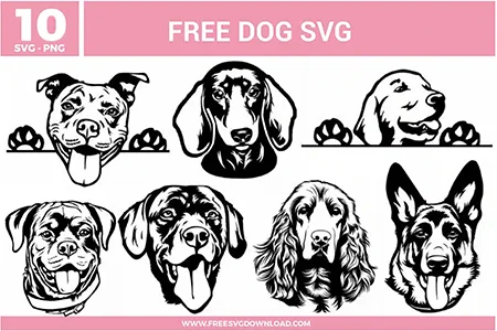 A bundle of 10 free svg files for dog lover designs featuring various popular breeds like the German Shepherd, Golden Retriever, Pitbull, Dachshund, and Rottweiler. The designs use a detailed black and white illustrative style with several "peeking" dog layouts that include paws resting on a horizontal line. These high-quality free svg files showcase realistic facial features and expressive eyes, perfect for pet-themed crafting and personalized gifts.