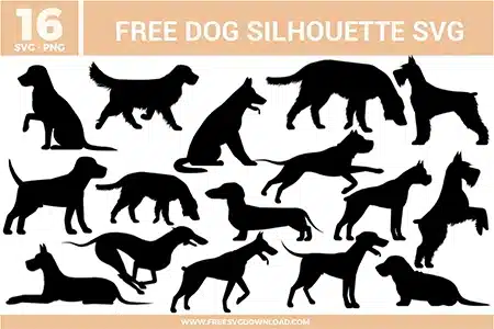 A bundle of 16 free svg files for dog silhouette designs featuring a diverse collection of breeds in various poses like sitting, running, pointing, and standing. The designs are solid black silhouettes including a Dachshund, German Shepherd, Greyhound, and Schnauzer among others. These high-quality free svg files offer clean, sharp outlines with no internal detail, making them ideal for minimalist vinyl cutting and wood-burning projects.