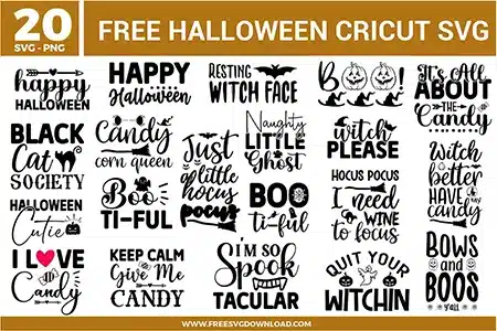 A collection of 20 Halloween Cricut free svg files featuring various spooky quotes and festive typography. The bundle includes designs such as "Resting Witch Face," "Black Cat Society," "Bows and Boos," and "I Need Wine to Focus" with high-quality icons like bats, spider webs, broomsticks, and Jack-o'-lanterns. The designs use a mix of bold sans-serif and elegant script fonts in solid black, perfect for October crafting.