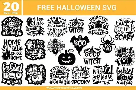 A diverse bundle of 20 Halloween free svg files featuring iconic spooky illustrations and hand-lettered quotes. The set includes designs like "Keep Calm and Give Me Candy," "Too Cute to Spook," "Bad Witch," and "Home Sweet Home" with a haunted house silhouette. Key visual elements include grinning pumpkins, soaring ghosts with sunglasses, spiders, bats, and witch hats, all rendered in a clean, high-contrast black vector style.