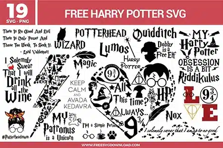 Harry Potter free svg files bundle features 19 high-quality designs including the lightning bolt scar, Deathly Hallows symbol, Platform 9 3/4 logo, and iconic quotes like "I Solemnly Swear That I Am Up To No Good." The black and white graphic elements utilize classic wizarding fonts, wand silhouettes, and owl imagery, perfect for magical DIY crafts and apparel.