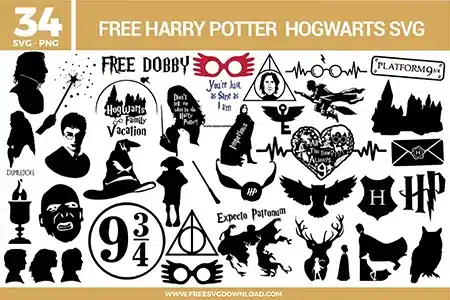 Harry Potter Hogwarts SVG bundle featuring Dobby, Platform 9 3/4, house crests, character silhouettes, and wizarding quotes available as high-quality free svg files for comprehensive fan projects.