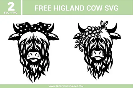 A bundle of 2 free svg files for Highland cow designs featuring highly detailed shaggy cattle head silhouettes. The collection includes one Highland cow wearing a black and white polka-dot bandana and another adorned with a delicate floral crown of daisies and leaves. These designs use a bold black and white high-contrast style to highlight the iconic long hair and horns, providing high-quality free svg files for rustic and boho-themed crafting.
