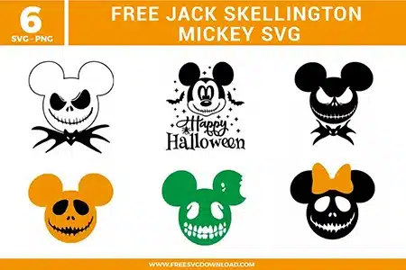 Free Jack Skellington Mickey SVG designs showing Halloween themed Mickey silhouettes with skull faces, stitched smiles, bats, bows, and spooky character inspired details