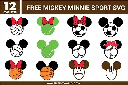 Free Mickey and Minnie sport SVG designs showing Mickey and Minnie head silhouettes combined with soccer, basketball, baseball, tennis, volleyball, and football elements
