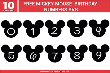Free Mickey Mouse birthday numbers SVG showing numbers zero through nine inside black Mickey head silhouettes arranged in a clean grid layout