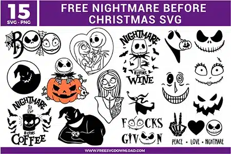 Free Nightmare Before Christmas SVG designs showing Jack Skellington and Sally characters, spooky faces, pumpkins, bats, gothic phrases, and Halloween and Christmas themed illustrations