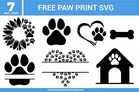 A bundle of 7 free svg files for pet lover designs featuring various paw print motifs in a black and white vector style. The collection includes a sunflower wreath with paw petals, a classic bold paw print, a heart outline combined with a paw, a dog bone silhouette, a split monogram paw for custom names, a large heart made of tiny paw prints, and a dog house icon with a paw accent. These high-quality free svg files are designed with clean lines and solid fills, perfect for animal-themed crafts and personalized pet gear.