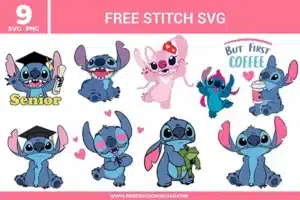 Free Stitch SVG designs showing Stitch and Angel in cute poses including graduation, coffee themed graphics, heart accents, and playful character expressions