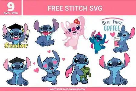 Free Stitch SVG designs showing Stitch and Angel in cute poses including graduation, coffee themed graphics, heart accents, and playful character expressions