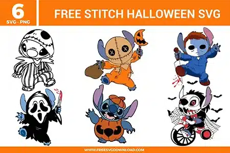 Free Stitch Halloween SVG designs showing Stitch characters in spooky costumes including pumpkin outfits, scarecrow styles, masked characters, and Halloween themed details