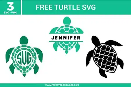 A bundle of 3 free svg files for turtle and marine-themed designs featuring sea turtle silhouettes. The collection includes a split-shell turtle personalized with the name in a bold font, a turtle featuring a circular monogram frame on its shell, and a detailed black silhouette with intricate shell pattern work. These designs use a coastal color palette of teal, seafoam green, and black, providing high-quality free svg files for beach and summer-inspired crafts.