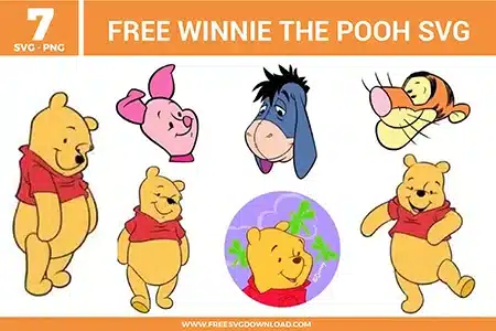 Free Winnie the Pooh SVG designs showing Pooh Piglet Eeyore and Tigger characters in classic poses with soft expressions and clean outlines