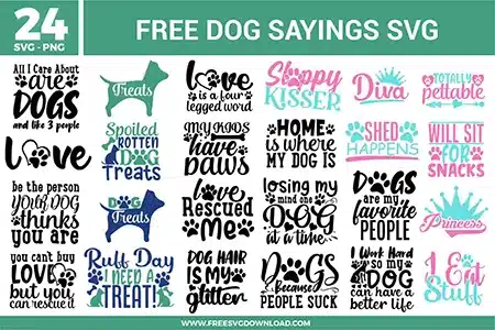 A collection of 24 free svg files for canine enthusiasts featuring quotes like "Sloppy Kisser," "Diva," and "Shed Happens." The bundle includes various dog silhouettes and playful icons like crowns and paw prints in a vibrant color scheme of teal, bubblegum pink, navy blue, and black. These high-quality free svg files are perfect for creating custom pet accessories, girl-themed puppy gear, and humorous pet owner gifts.