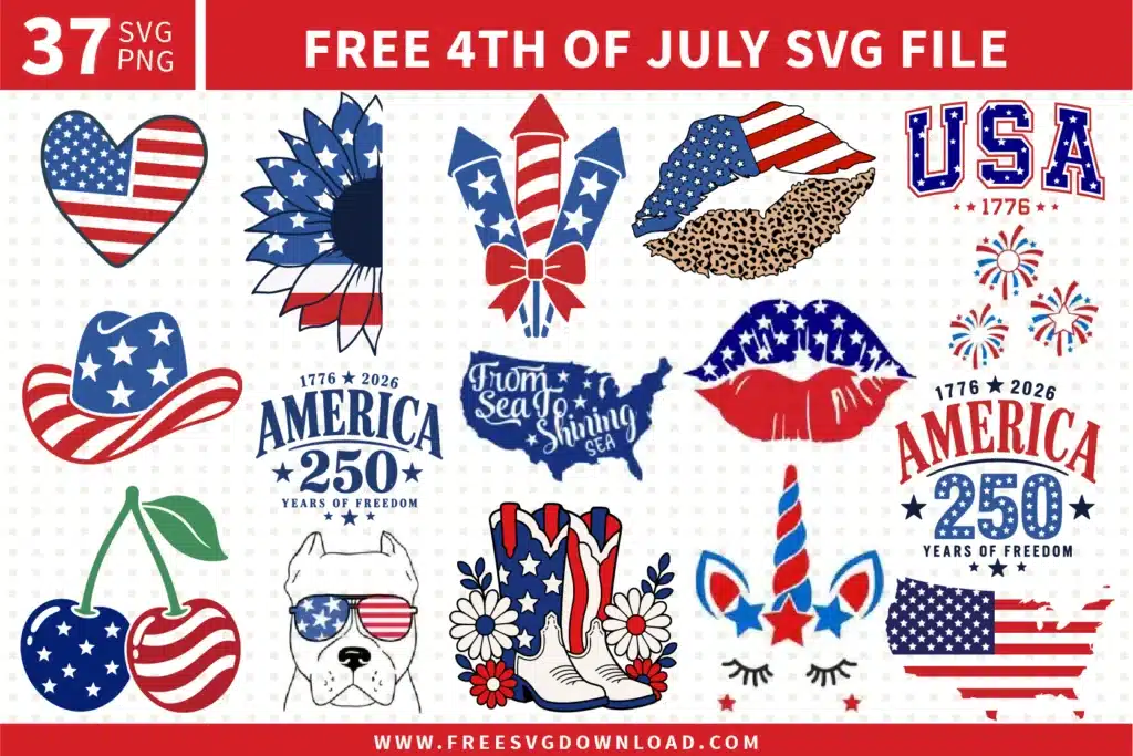 37 free svg files for the 4th of July featuring patriotic unicorn faces, American flag lips, a USA map with states, fireworks, and a cool bulldog in flag sunglasses, all designed in bold red, white, and blue colors for high-quality Cricut and Silhouette projects.