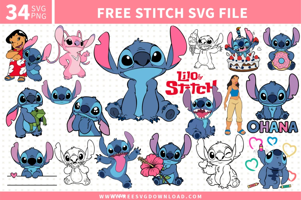 Free Stitch SVG files bundle – 34 designs including Lilo and Stitch, Angel, Ohana, Stitch heart, Stitch outline, birthday cake, Nani, hibiscus and cute character poses for Cricut and Silhouette