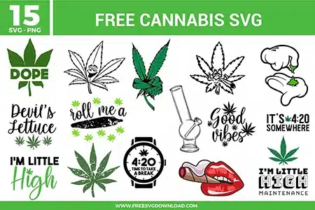 Cannabis SVG bundle preview showing fifteen cannabis-themed designs with leaf graphics, 4:20 text, Good Vibes lettering, Devil’s Lettuce quote, rolling paper artwork, bong graphic, lips design, and green black typography for Cricut and Silhouette.