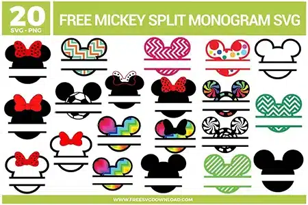 Free Mickey split monogram SVG designs showing Mickey and Minnie silhouettes with split lines, bows, and colorful patterned fills