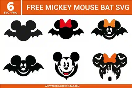 Free Mickey Mouse bat SVG designs showing Halloween themed Mickey silhouettes with bat wings, bows, smiling faces, spooky castle shapes, and dark seasonal details