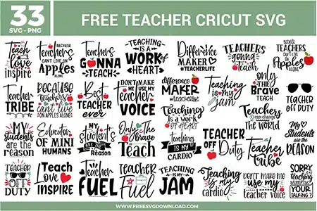 A massive bundle of 33 free svg files for teacher-themed crafts featuring diverse typography and hand-lettered styles. Designs include inspirational quotes like "Teaching is a work of heart" and "Difference Maker" alongside playful graphics such as "Teacher Off Duty" with sunglasses and "Teaching is my Jam" icons, decorated with red apples and minimalist hearts.