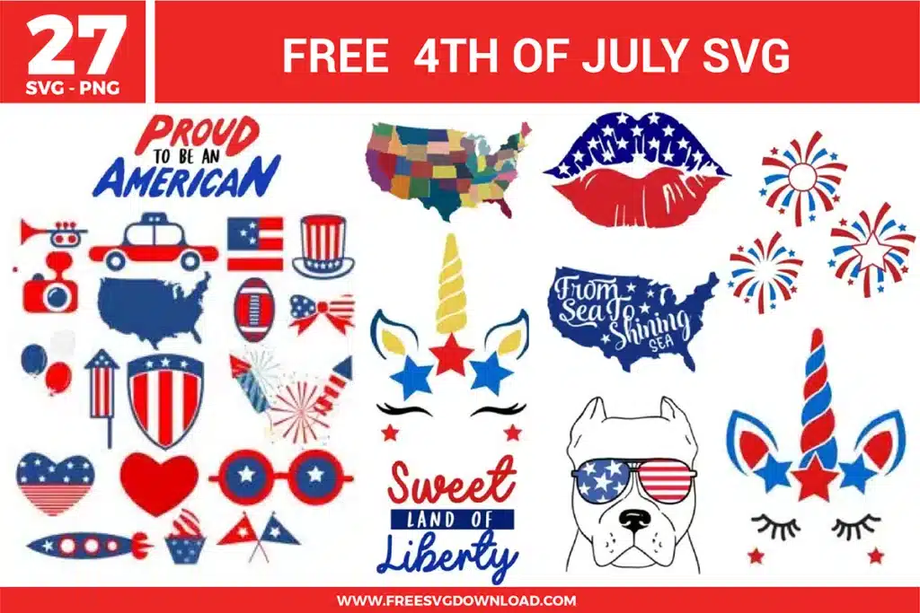 27 free svg files for the 4th of July featuring patriotic unicorn faces, American flag lips, a USA map with states, fireworks, and a cool bulldog in flag sunglasses, all designed in bold red, white, and blue colors for high-quality Cricut and Silhouette projects.