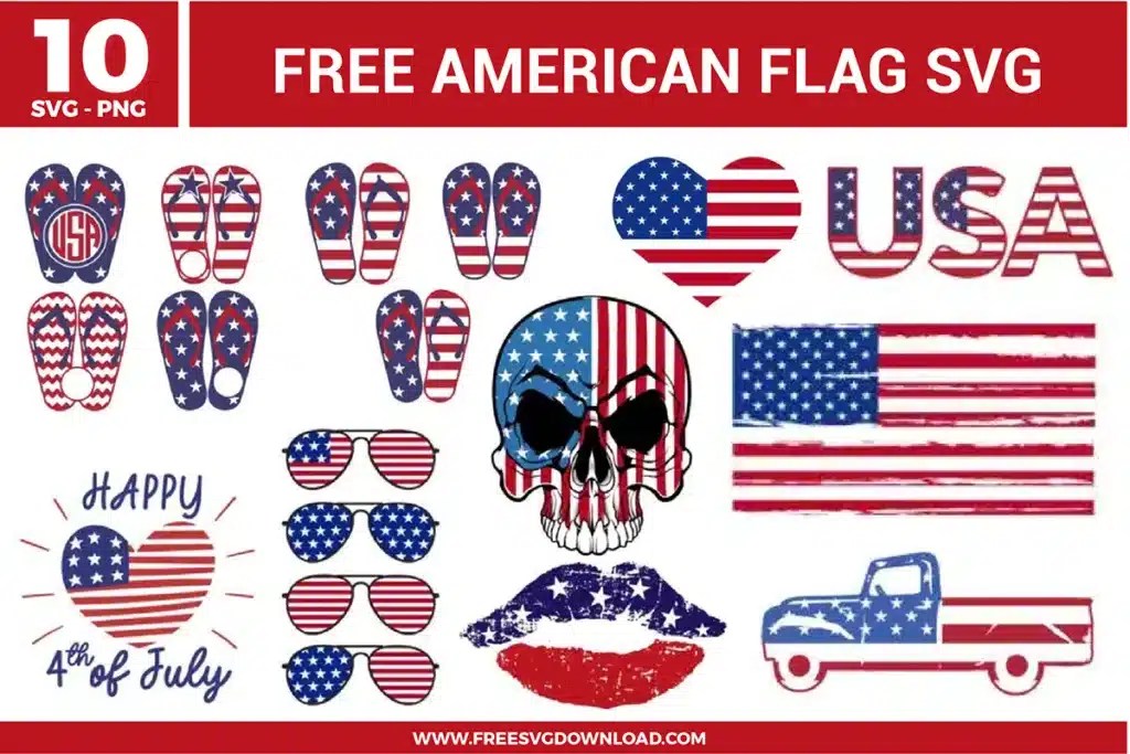 10 free svg files showcasing patriotic American flag graphics including a flag-patterned skull, a vintage pickup truck, aviator sunglasses, and flip-flops in a distressed red, white, and blue style perfect for 4th of July DIY crafts.