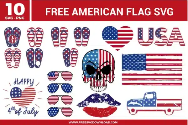 10 free svg files showcasing patriotic American flag graphics including a flag-patterned skull, a vintage pickup truck, aviator sunglasses, and flip-flops in a distressed red, white, and blue style perfect for 4th of July DIY crafts.
