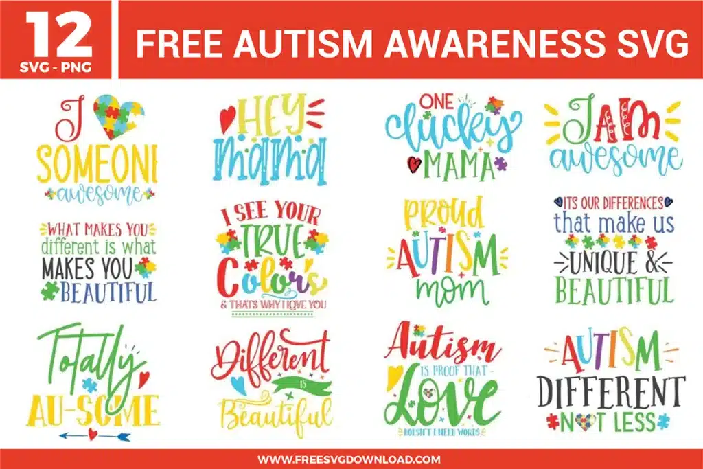 Autism Awareness SVG bundle preview showing twelve colorful quote designs with puzzle piece accents, autism mom sayings, different is beautiful messages, and supportive awareness typography for Cricut and Silhouette.